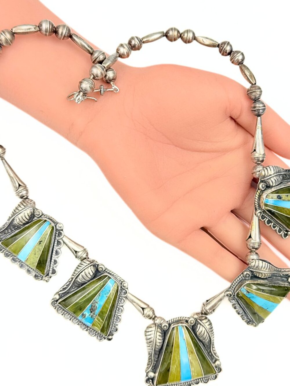 James Valencia Marked San Felipe Pueblo Navajo Turquoise Serpentine  Sterling Ne